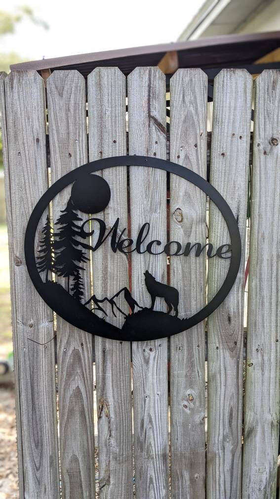 Howling Wolf Welcome Sign  | Mountains and the moon entry sign | Rustic Entryway decor for your cabin