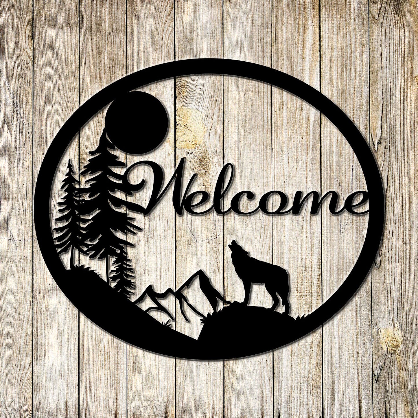 Howling Wolf Welcome Sign  | Mountains and the moon entry sign | Rustic Entryway decor for your cabin