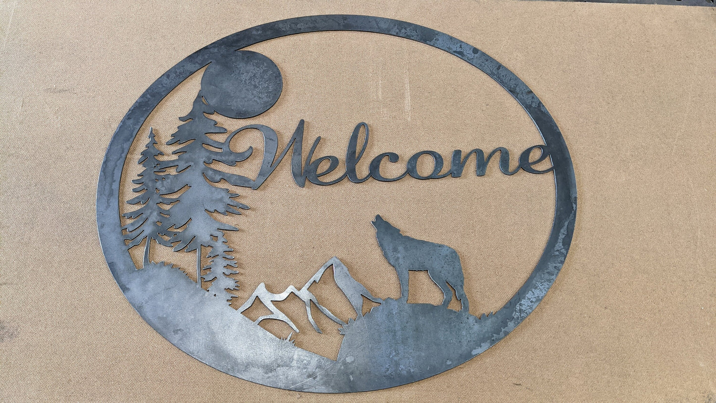 Howling Wolf Welcome Sign  | Mountains and the moon entry sign | Rustic Entryway decor for your cabin